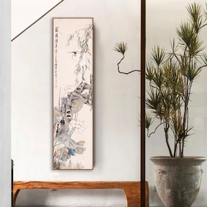 Egret and lotus, Bird and flower art print, freehand style Chinese botanical painting, Traditional hanging scroll, East Asian Aesthetic gift