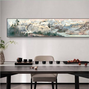 Blue grey mountains art, extra wide narrow natural scenery wall art, long scroll of panoramic Spring landscape, giclee print Wu Guanzhong