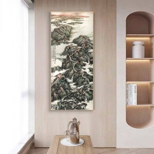 Overlook the great wall of China, miles mountains and great walls brush painting, large vertical entrance Feng shui wall art, fine art print