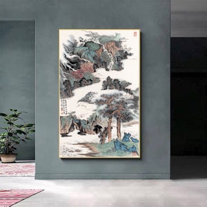 Chinese ink wash painting replica, mountains and waters brush painting, large vertical Chinese landscape wall art, abstract blue wall art YS