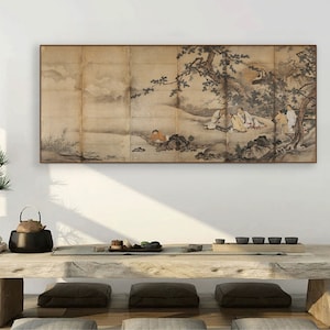 Japanese literati painting screen art, Playing Go under the pine tree, giclee fine art print, removable peel and stick wallpaper, 狩野松荣
