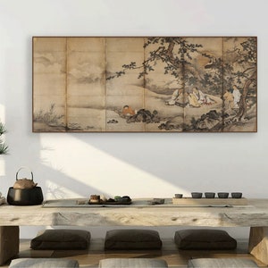 Japanese literati painting screen art, Playing Go under the pine tree, giclee fine art print, removable peel and stick wallpaper, 狩野松荣