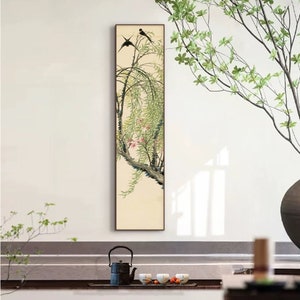 Chinese Willow and Swallows, Chinese xieyi bird-and-flowers art, vertical narrow botanic brush painting replica, vertical narrow art 任熊 柳燕