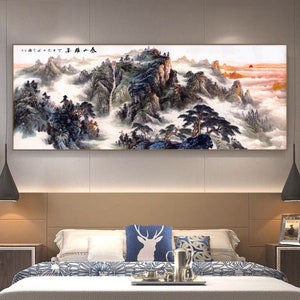 Large Long horizontal Taishan mountain painting, Mount-Tai landscape art print, handmade traditional Chinese Shan shui hanging scroll