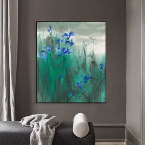 Blue Irises decorative painting, large vertical watercolor botanical art print, Siberian Iris wall art, Cotton Canvas/Giclee canvas print YG