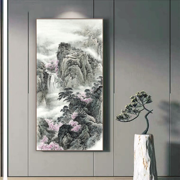 Peach blossoms mountain landscape, Extra large vertical Shan shui art, Chinese painting giclee print, ink brush painting, archival print