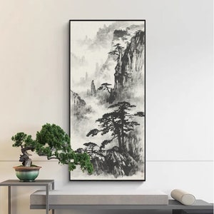 Mount Huangshan, minimal Shuimo mountain painting, ink wash painting, Chinese brush painting, masterpiece replica, vertical misty peak art