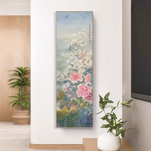 Aristocratic Magnolia and Peony meticulous painting replica, East Asian vertical narrow floral art print, long vertical wall scroll hanging