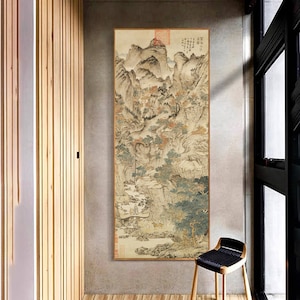 Chinese antique mountain landscape painting replica, silk fine art print, handcrafted silk hanging scroll, East Asian aesthetic wall art