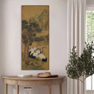 Eight cranes and pine tree art, East Asian retro style Chinese cranes painting giclee silk print, red crowned cranes meticulous painting