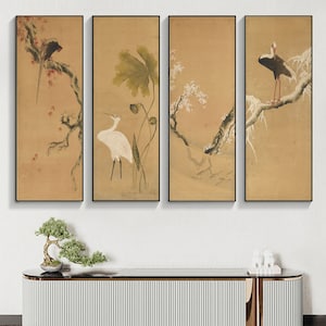 Minimal vertical narrow Japanese art giclee print, long silk hanging scroll, handcrafted East Asian style gift, bird and flower