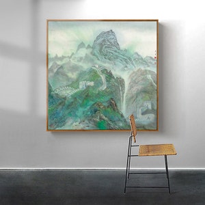 China landmark, the great wall, ink brush painting, giclee print, square wall art decor, green tones spring mountain art, fine art print