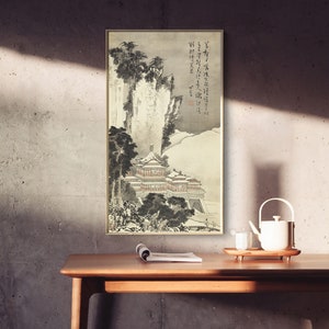 East Asian style home office minimal mountains art décor, Chinese ancient landscape art giclee print unframed, silk hanging scroll 溥儒 空山积雪图