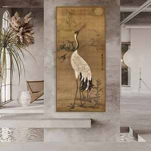 Chinese antique Red-crowned crane painting replica, East Asian meticulous crane art print, 米芾, 11th century, handcrafted silk hanging scroll