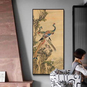Chinese auspicious meticulous painting silk print, Chinese Phoenix antique art replica, Ultra large vertical retro style East Asian art SQn