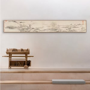 Water Village, Ming dynasty antique Shan shui painting replica, Panoramic view of mountains and waters, wide narrow landscape art, 文伯仁 水村圖卷
