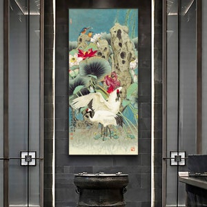 Red crowned Cranes in lotus pond, Chinese traditional Gongbi painting, meticulous art giclee print, auspicious symbol Feng shui wall art