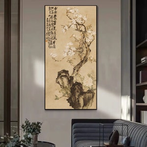 Magnolia blossoms, Minimal freehand magnolia flower painting, vertical Chinese art print, handcrafted silk hanging scroll wall art 清 李鱓 玉兰牡丹