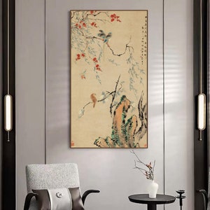 Extra large vertical Chinese fine art print, East Asian retro style bird and flower painting, giclee silk print, Chinese ancient art 华喦 红花幽鸟
