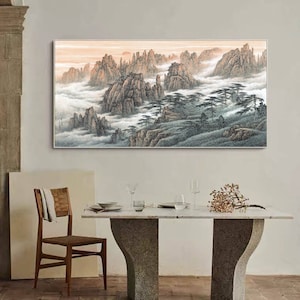 Large wide horizontal Huangshan mountain landscape painting replica, unframed Chinese mountain fine art print, clouds and mountains art, XY