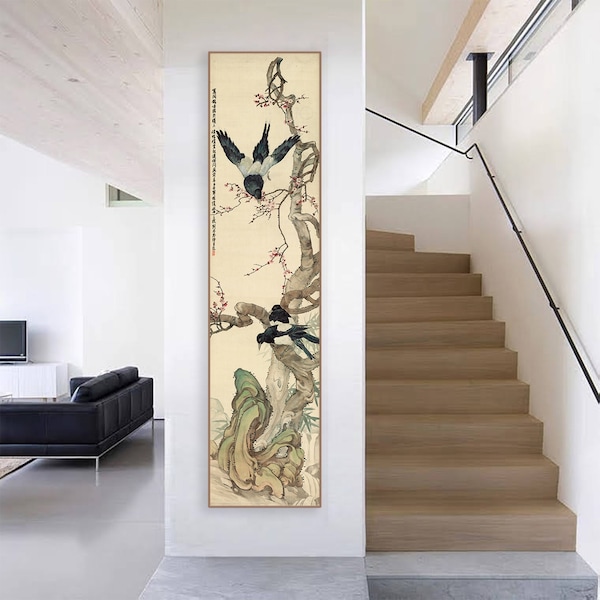 Bird and flower art, meticulous auspicious painting, peach flower tree and Chinese magpies, long vertical narrow silk hanging scroll, 刘奎龄 KL