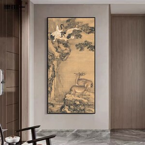 Chinese court taste wall art, Qing dynasty antique painting giclee print, large vertical ancient Sika deer and red crowned crane art, SQn