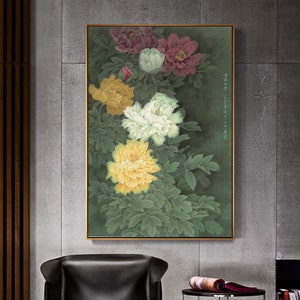 Chinese Gongbi flowers painting, watercolor peony painting, fine art print, large vertical size peony art replica, unframed meticulous art