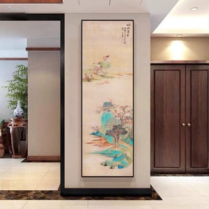 Chinese landscape painting replica, 峒关蒲雪, 1946, handcrafted silk mounting hanging scroll, Zhang Daqian, vertical narrow art wall décor, DQSH