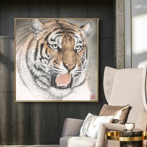 Square large tiger brush painting giclee print, canvas wrap wall hanging, handcrafted silk hanging scroll, Photorealist tiger painting