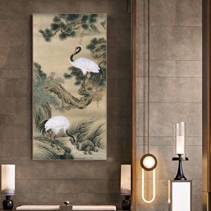Pine, Crane, Longevity, Chinese Traditional Blessing and Longevity Painting, red crowned cranes, Chinese meticulous painting, archival print