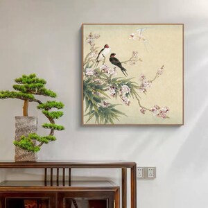 Spring flowers, peach blossoms, bamboo, swallows, square botanic sketches, vintage taste meticulous botanic painting giclee print, unframed