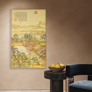 Chinese pavilions palace meticulous painting, silk print, Qing Dynasty/ Chinese ancient palace brush painting, silk hanging scroll 黃鐘暢月 清 沈源
