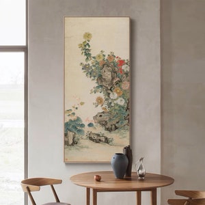 Chinese chrysanthemum brush painting, ancient botanic painting, Auspicious flower Painting, Qing Dynasty, Chinese antique art hanging scroll