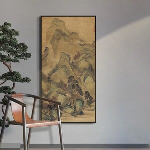 Friends visiting in mountain pavilions, Chinese traditional landscape painting silk print, handcrafted hanging scroll, art replica 章採 山樓客話