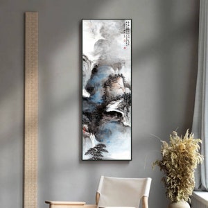 Ink wash painting, brush painting, East Asian minimal abstract painting, art replica, vertical narrow wall art, Chinese Shuimo painting