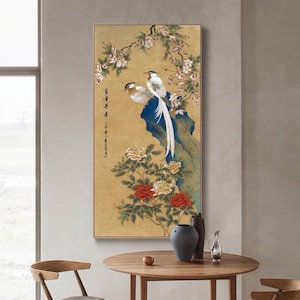 Chinese retro style bird-and-flower art, unframed meticulous botanic art print, Begonia, Peony, white paradise flycatcher vintage art SMX
