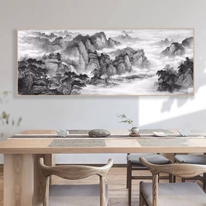 Chinese landscape painting, ink wash painting, mountain and waters painting, large horizontal black and white art, Xuan paper archival print