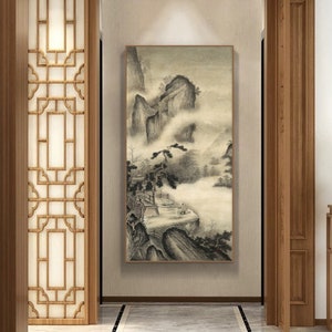 Large vertical Chinese landscape brush painting, ancient East Asian art, misty mountains giclee art print, handmade vintage hanging scroll