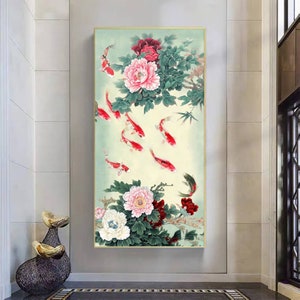 Chinese Traditional Gongbi Painting, Peony and Nine Fish Prosperity and Wealth art, large vertical auspicious nine koi painting, art print