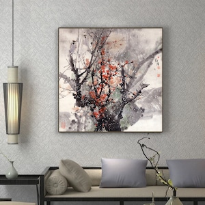 Chinese Xieyi plum brush painting, Freehand style red plum art replica, ink wash painting, large square botanic art, Chinese watercolor art