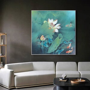 Cooling tones lotus painting, large square Chinese botanic art print, lotus pond Gong bi painting, Chinese meticulous painting, art replica
