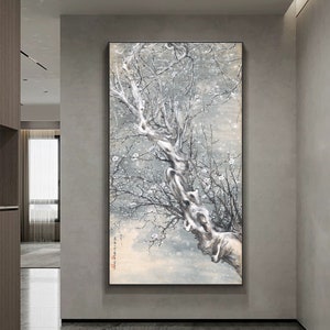 Blue-gray hues white plum brush painting, large vertical snowy white plum art giclee print, tree flower painting, Chinese fine brush art