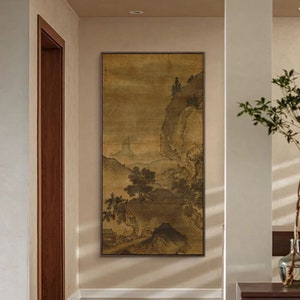 Spring mountains, giclee print, extra large vertical Shan shui silk hanging scroll, Sesshū Tōyō (雪舟), Japanese antique landscape art replica