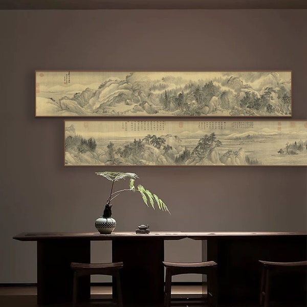 Misty rains of summer mountains, Shan shui long scroll, Chinese ancient mountain landscape art, silk print, Wang Hui -1717, antique replica