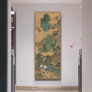 Peach Blossoms Wonderland, by Qiu Ying, Chinese Ming dynasty antique landscape painting, art replica, giclee print, vertical narrow 仇英 桃源仙境