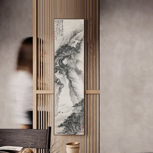 Minimal black and white Chinese landscape painting, handmade Xuan paper art print, Shan shui art replica, vertical narrow wall art 梅清 龍潭聽瀑