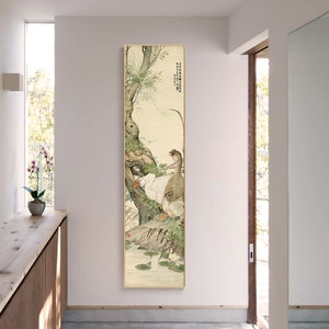 Willow and goose art, Chinese meticulous auspicious painting, Bird and flower art giclee print, long narrow vertical silk hanging scroll