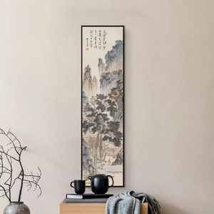 High mountains and tall pine trees, Chinese antique landscape painting replica, silk print, handcrafted silk hanging scroll, East Asian art