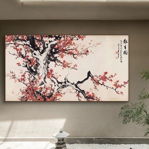 Red Plum Blossom Announcing Spring, ink brush painting, ink wash plum blossoms painting, East Asian plum flower painting, archival print