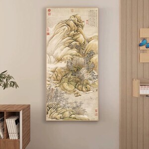 Poetic Shan shui ink and wash painting, light ocher landscape painting, giclee print, white snow coated mountains art, classic Chinese art
